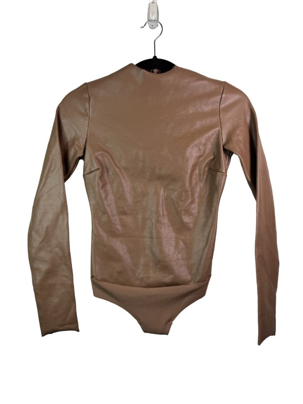 Skims Mock Neck Bodysuit Brown/Tan XS Long Sleeve Faux Leather Stretch